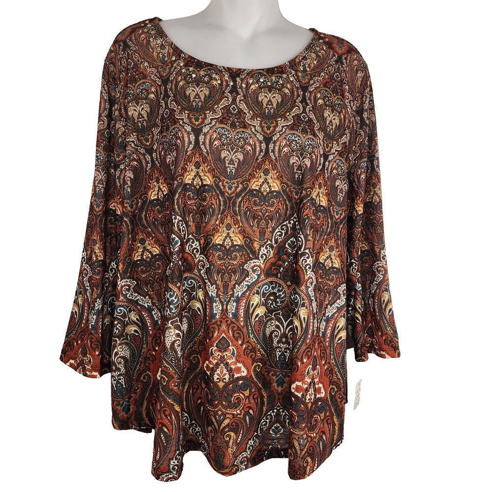 Ruby Rd Women's Tunic Top Embellished Pullover 3/4 Sleeve Tapestry Geometric L